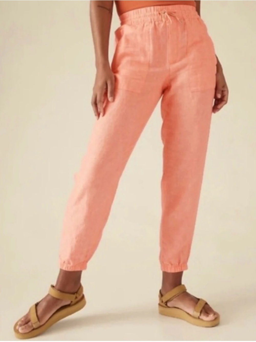 Athleta Retreat Linen EUC Coral Elastic-Waist Linen Joggers Sz 16 Athleisure